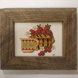 Framed Cross stitch Basket of Strawberries and pitcher of cream